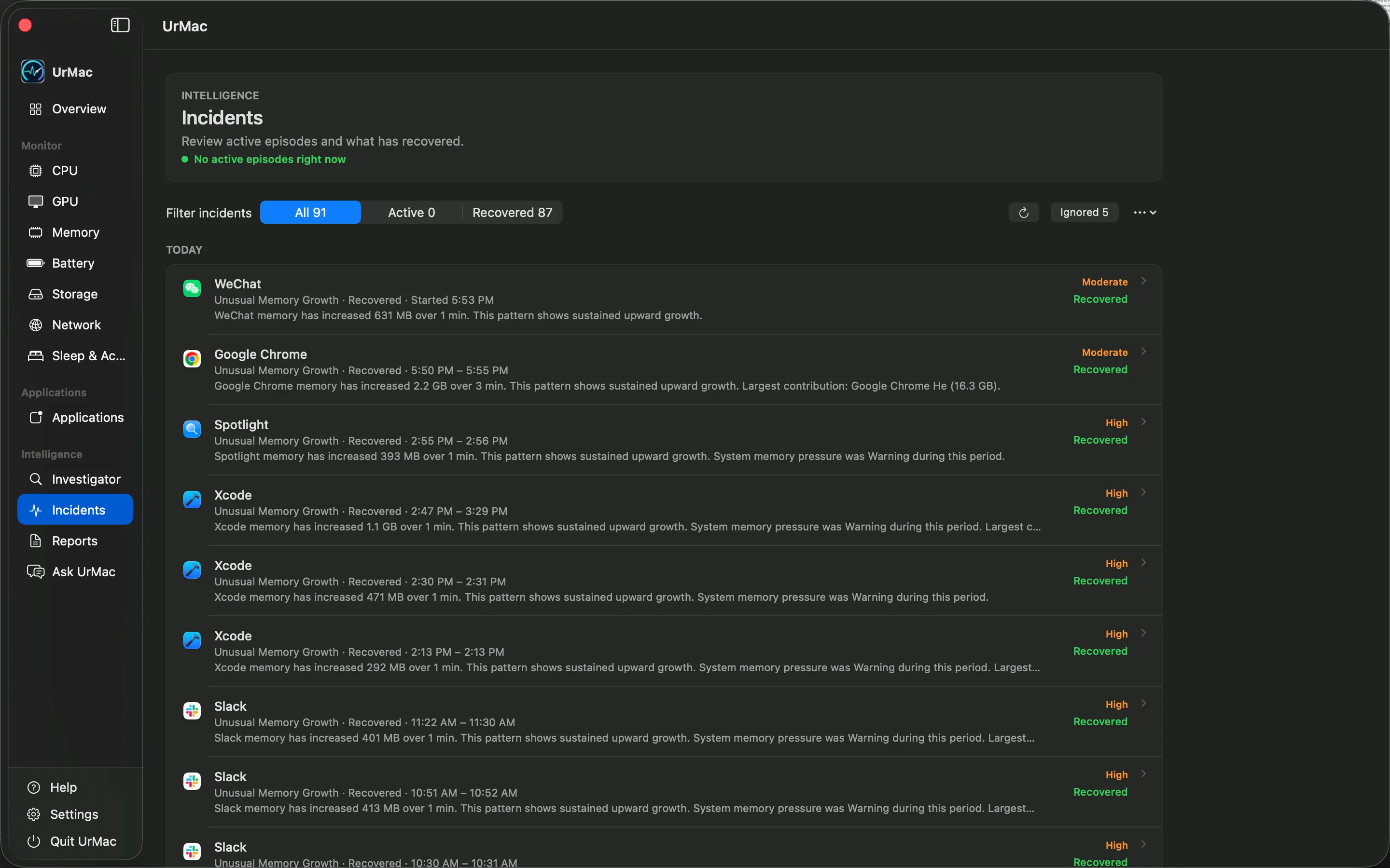 UrMac incident detail with timeline, severity, and related evidence