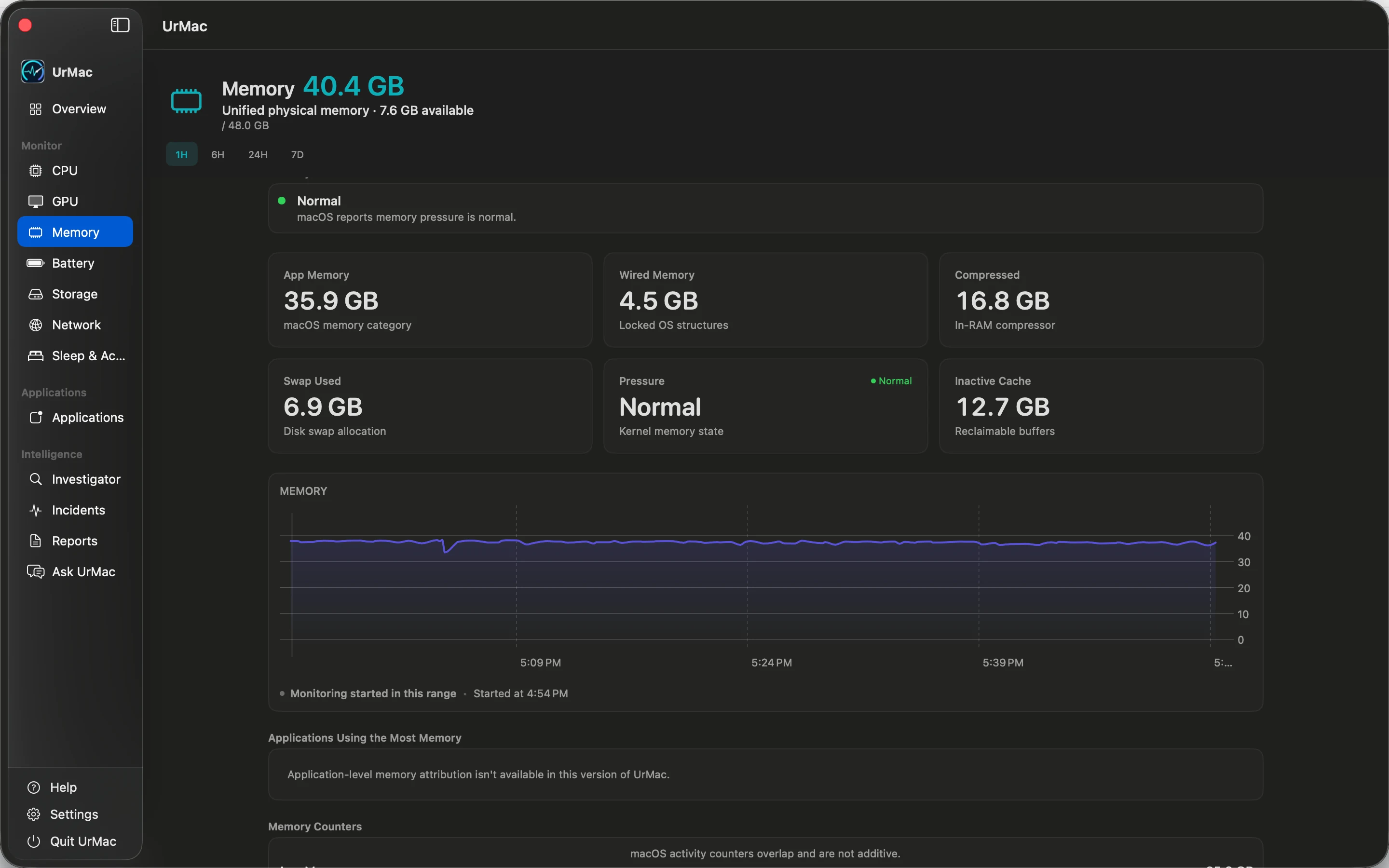 UrMac Memory view with pressure, usage, and memory history