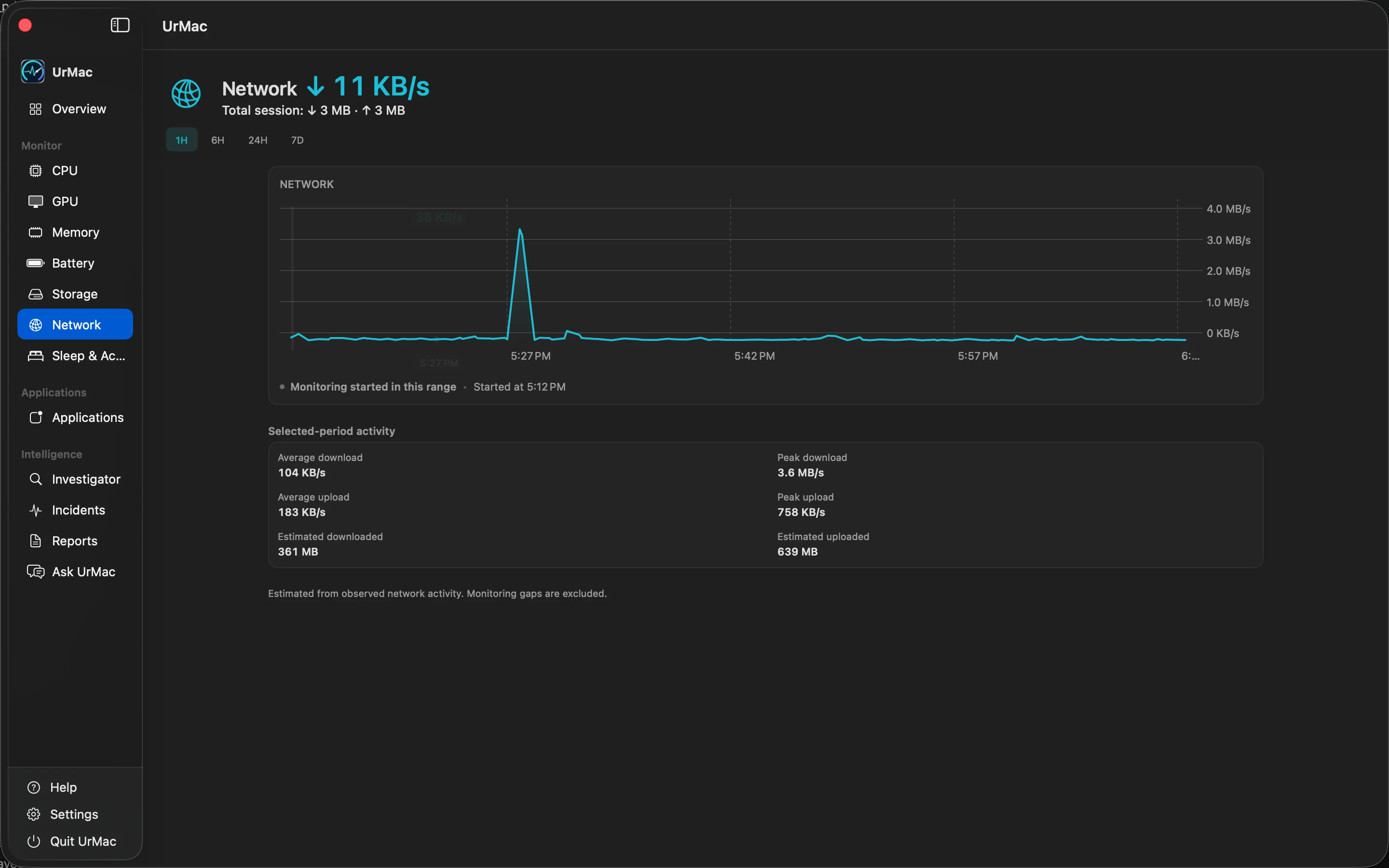 UrMac Network view with download and upload history